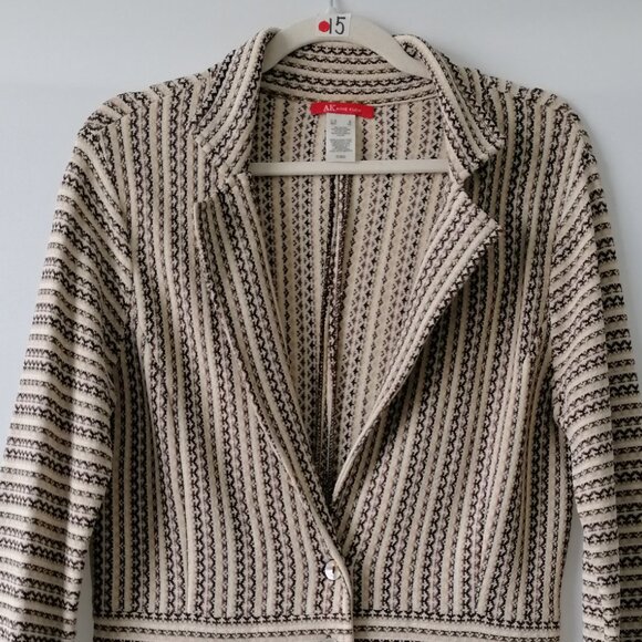 Vintage AK Anne Klein Women's Brown-Cream Striped Two-Button Blazer Knit S - Picture 2 of 7